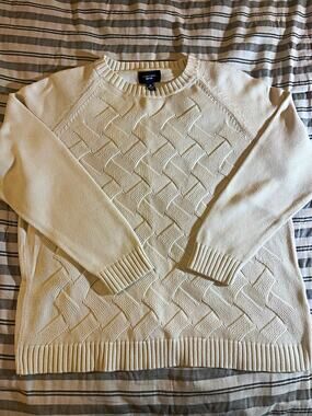 Lands' End Drifter 1X Ivory 100% Cotton Cable-Knit Crewneck Pullover Sweater